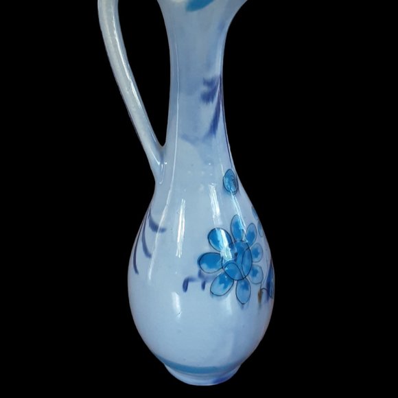 Blue Tonala Mexican Pottery Pitcher w/ Bird. Flower. 13" tall - Picture 3 of 6